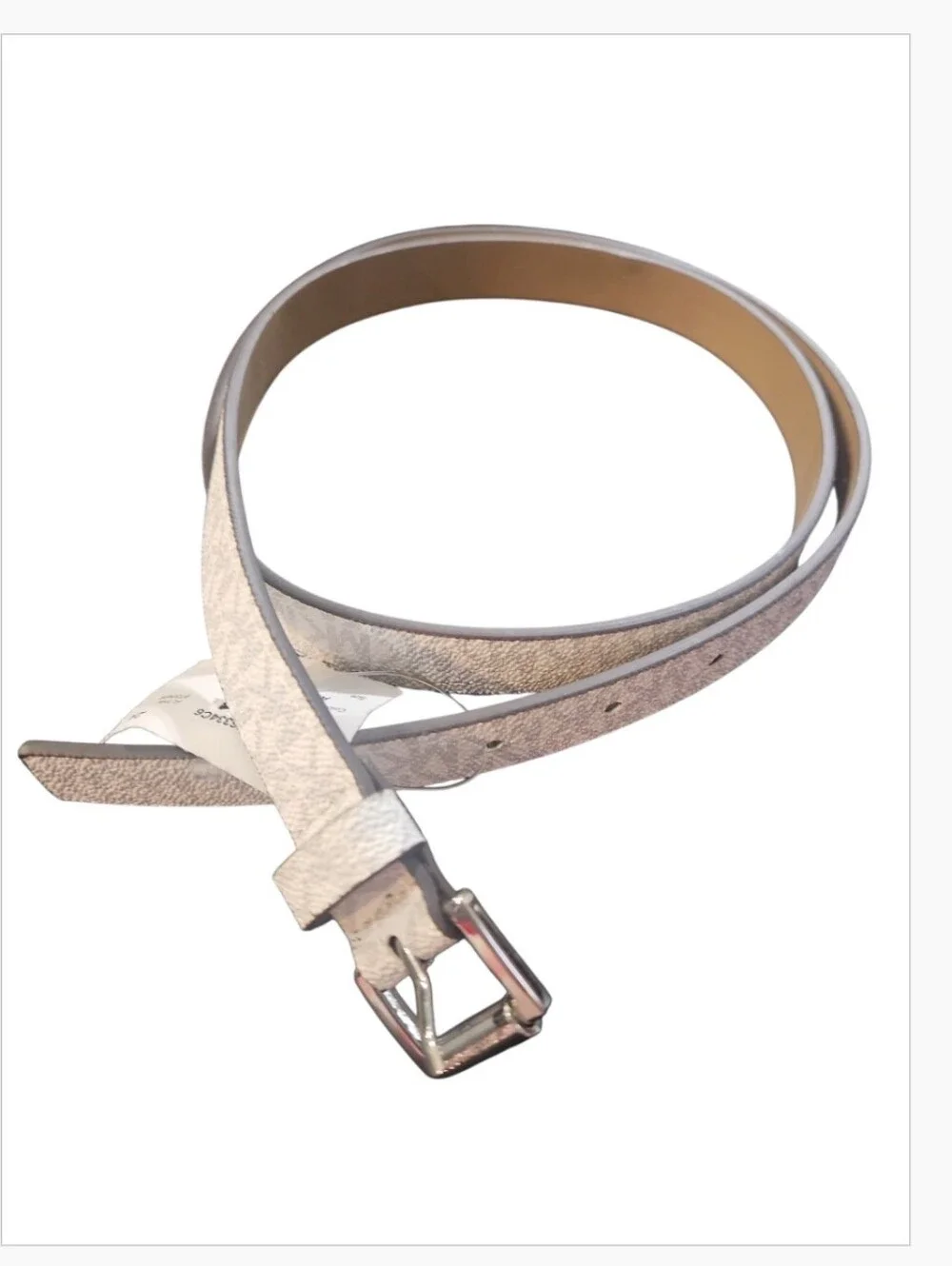 Michael Kors 556334C White Gray Monogram Logo Print Skinny Belt Silver Buckle